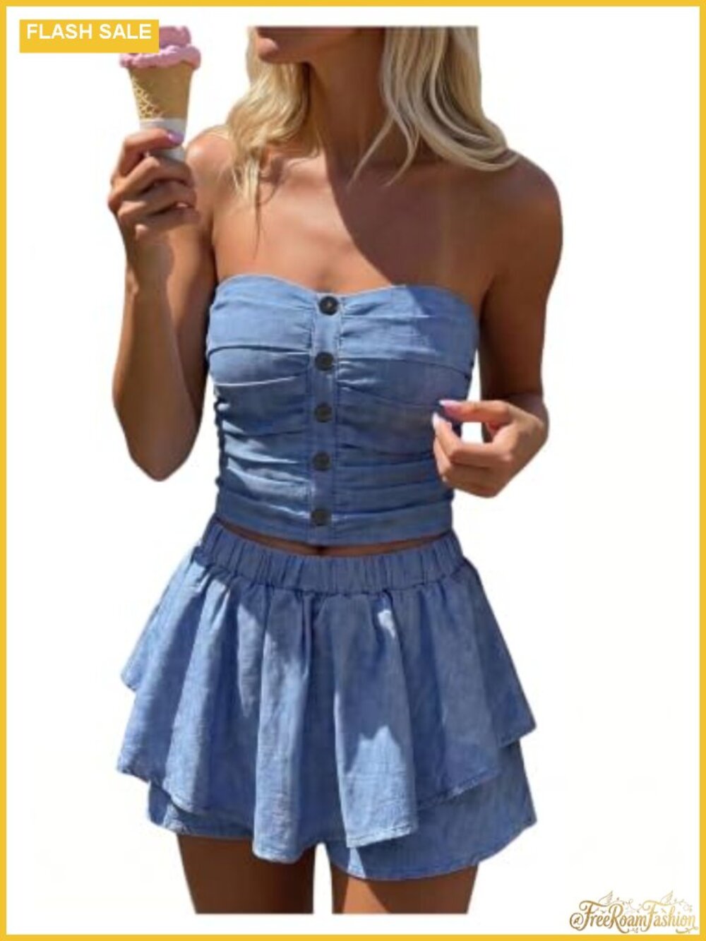 SOLY HUX Women's 2 Piece Skirt Set Strapless Ruched Crop Tube Top Ruffle Skort